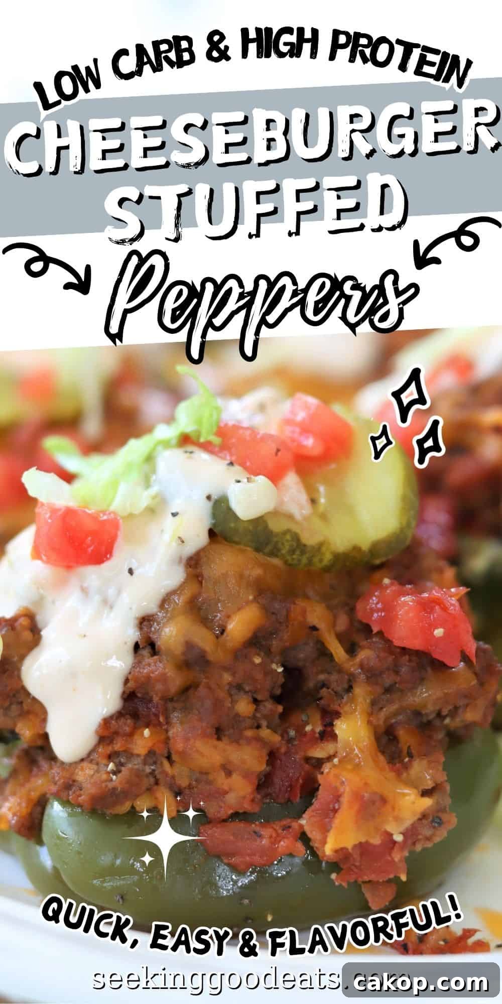 Pinterest pin with a single cheeseburger stuffed pepper.