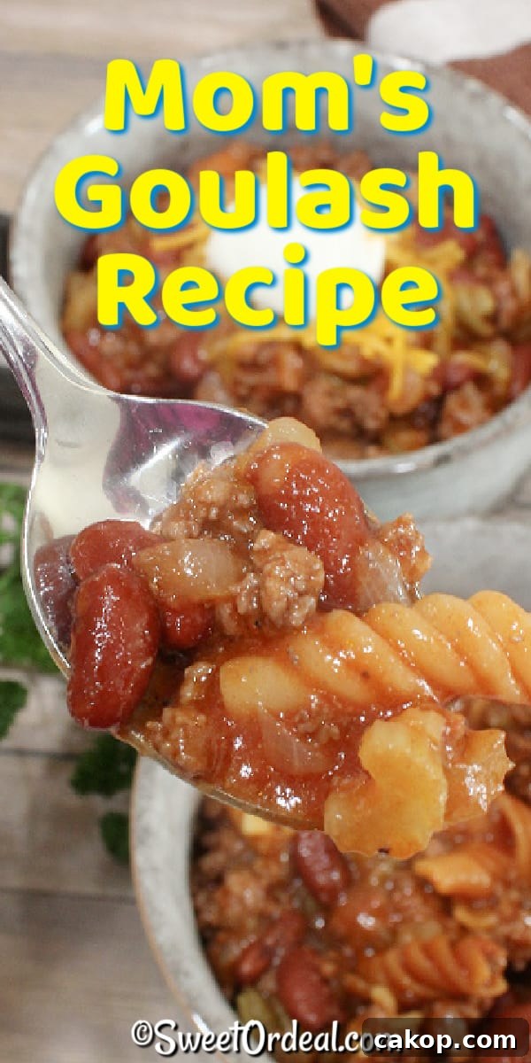 Mom's Goulash Recipe has a tomato base, ground beef, onion, and celery with a splash of paprika. Mom's Goulash Recipe