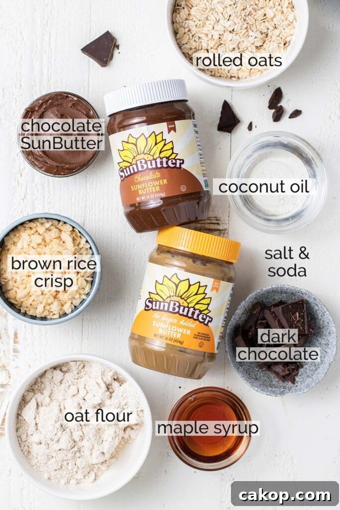 The ingredients needed for sunbutter cookies shown with labels.