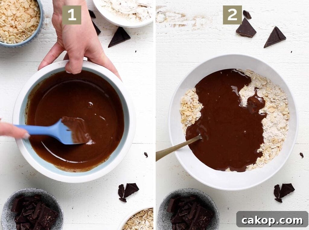 Step 1 shows to mix together the chocolate sunbutter, coconut oil, and maple syrup. Step 2 shows mixing together the dry ingredients and then adding the chocolate mixture.