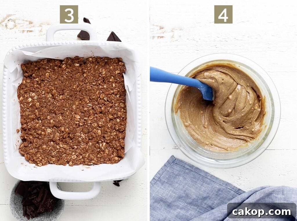 Step 3 shows pressing the cooking layer into a baking pan, and step 4 shows making the sunbutter layer.