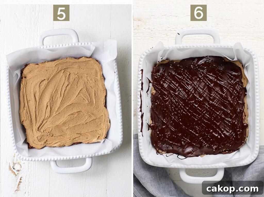 Step 5 shows adding the SUnButter layer to the bars, and step 6 shows coating it with dark chocolate.