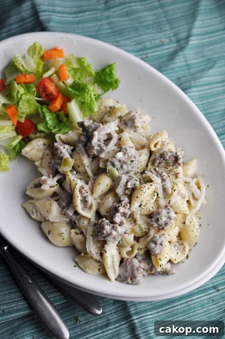 Overhead of Beef and Cheese Pasta Casserole