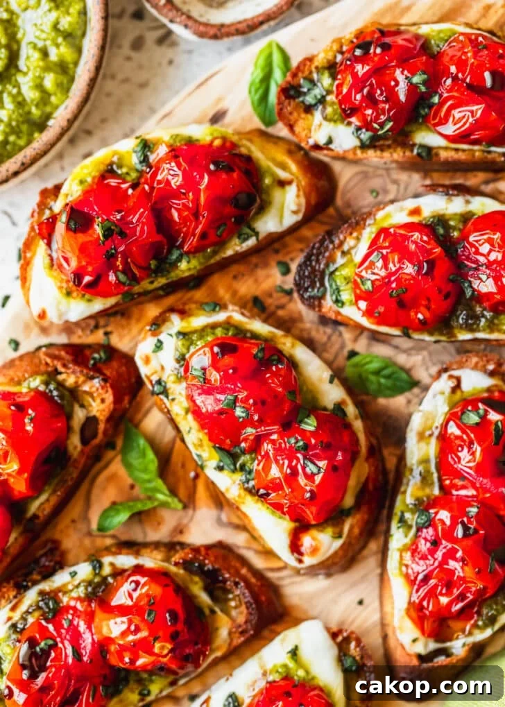 Rows of roasted Caprese crostini on a wood board next to a brown bowl of pesto with a white background.