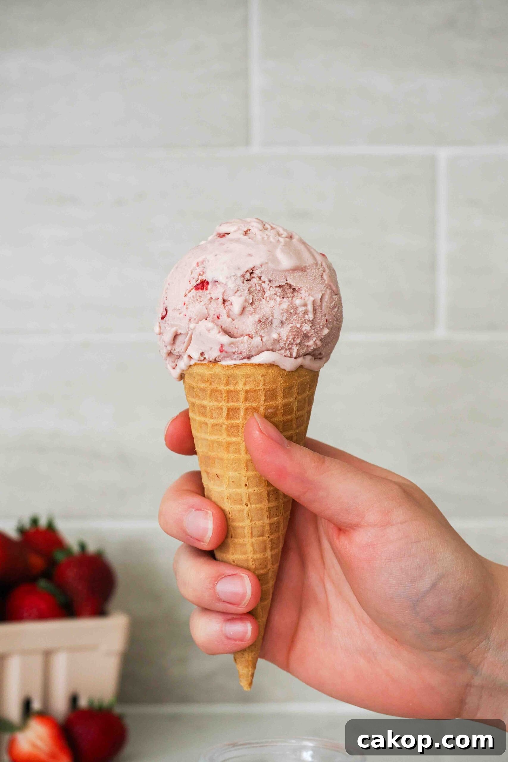 Homemade Strawberry Ice Cream Recipe with Fresh Berries 2 A hand holds a strawberry ice cream cone.