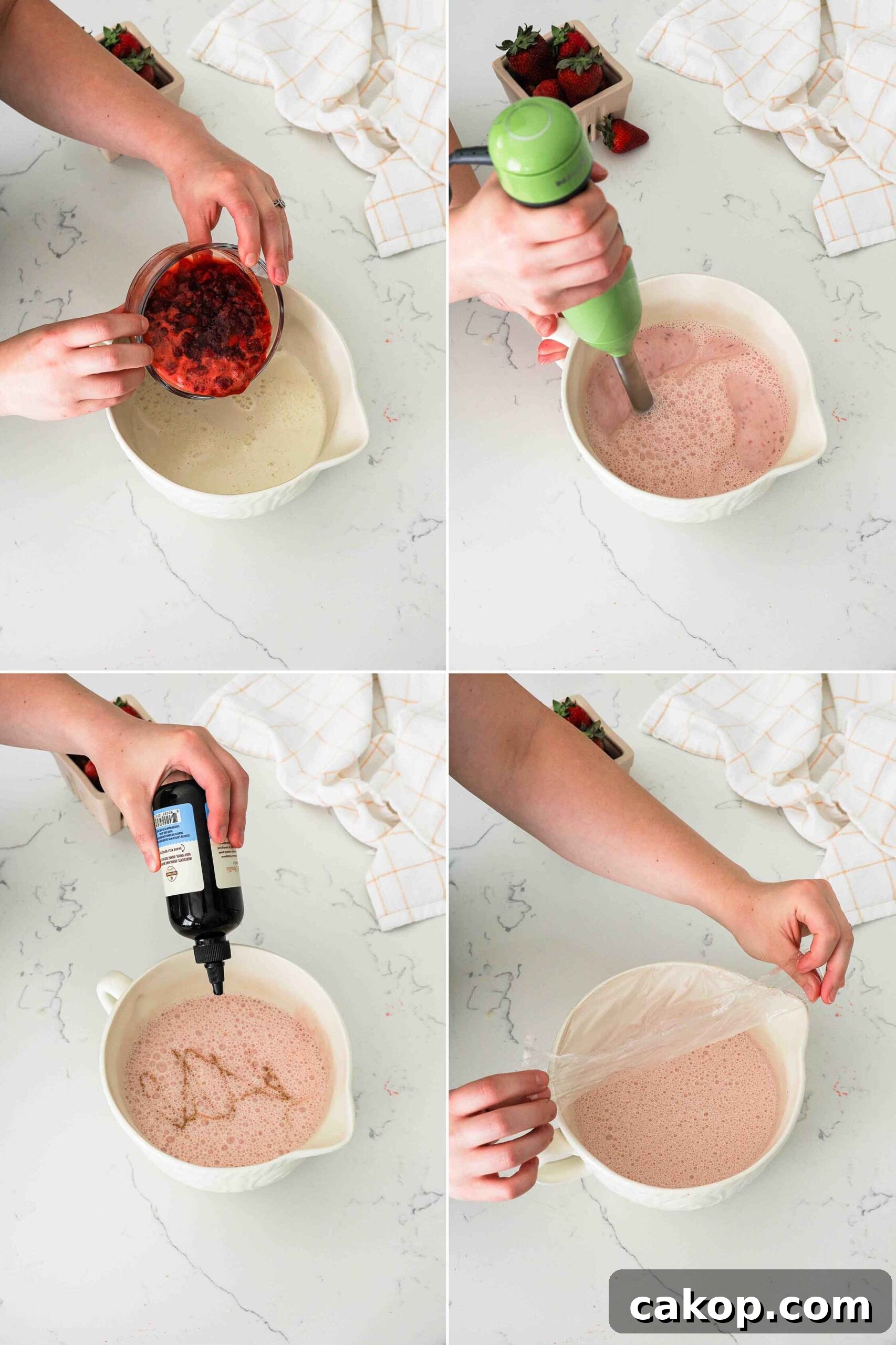 Homemade Strawberry Ice Cream Recipe with Fresh Berries 8 A four-part graphic showing to add strawberry jam to custard, blend it with an immersion blender, add vanilla, and then cover before chilling.
