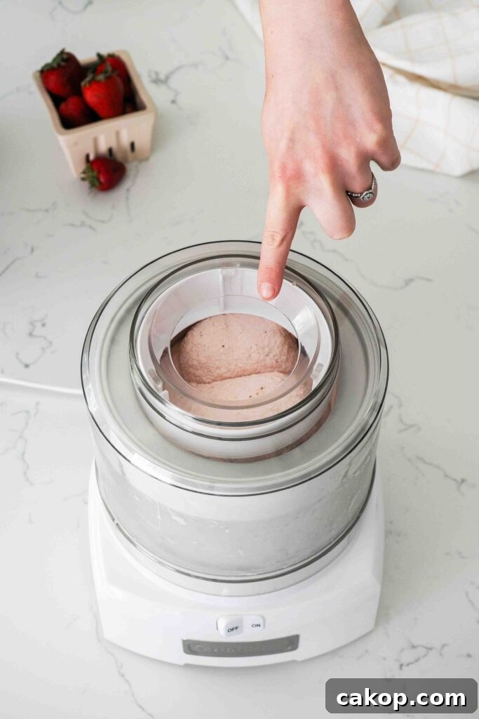 Homemade Strawberry Ice Cream Recipe with Fresh Berries 10 A finger points at rounded domes of strawberry frozen custard in an ice cream maker.