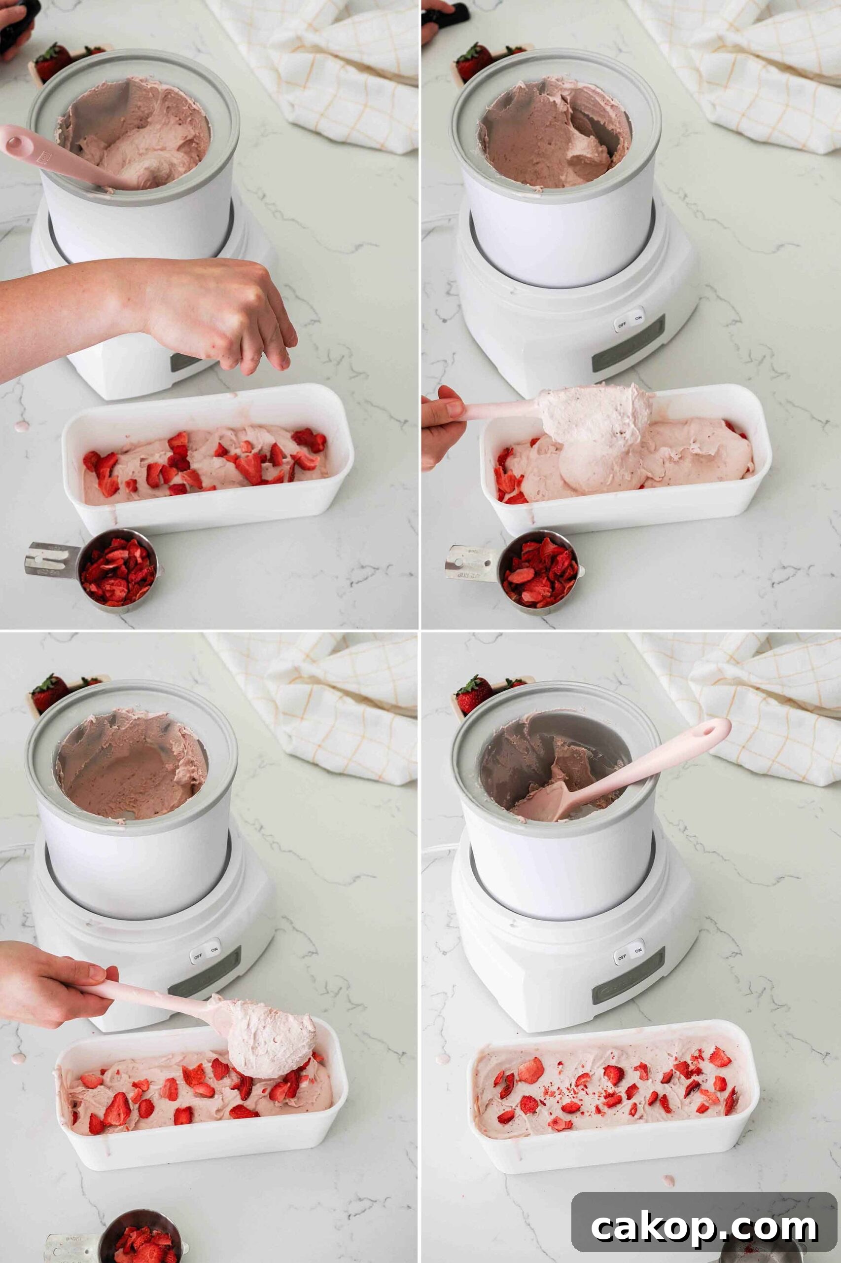 Homemade Strawberry Ice Cream Recipe with Fresh Berries 11 A four part graphic showing how to layer freeze-dried strawberries into a container with freshly churned strawberry ice cream.