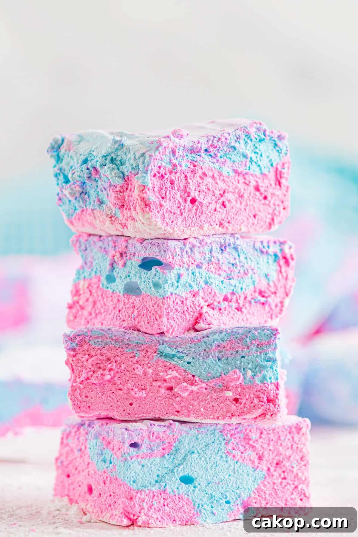 Cotton Candy Marshmallows: Fluffy Homemade Treats to Try 2 4 cotton candy marshmallows stacked.