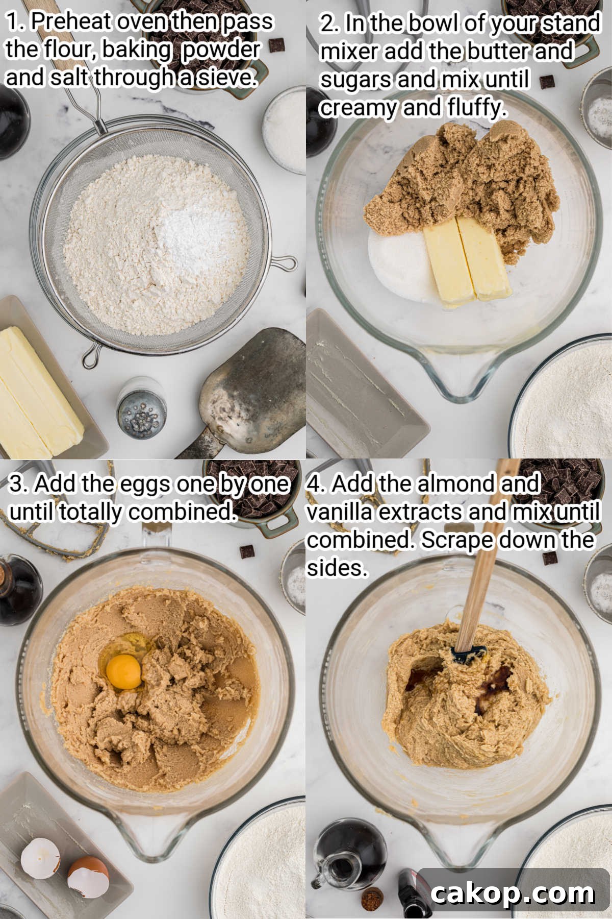 4 step by step images showing how to make thick chocolate chip cookies