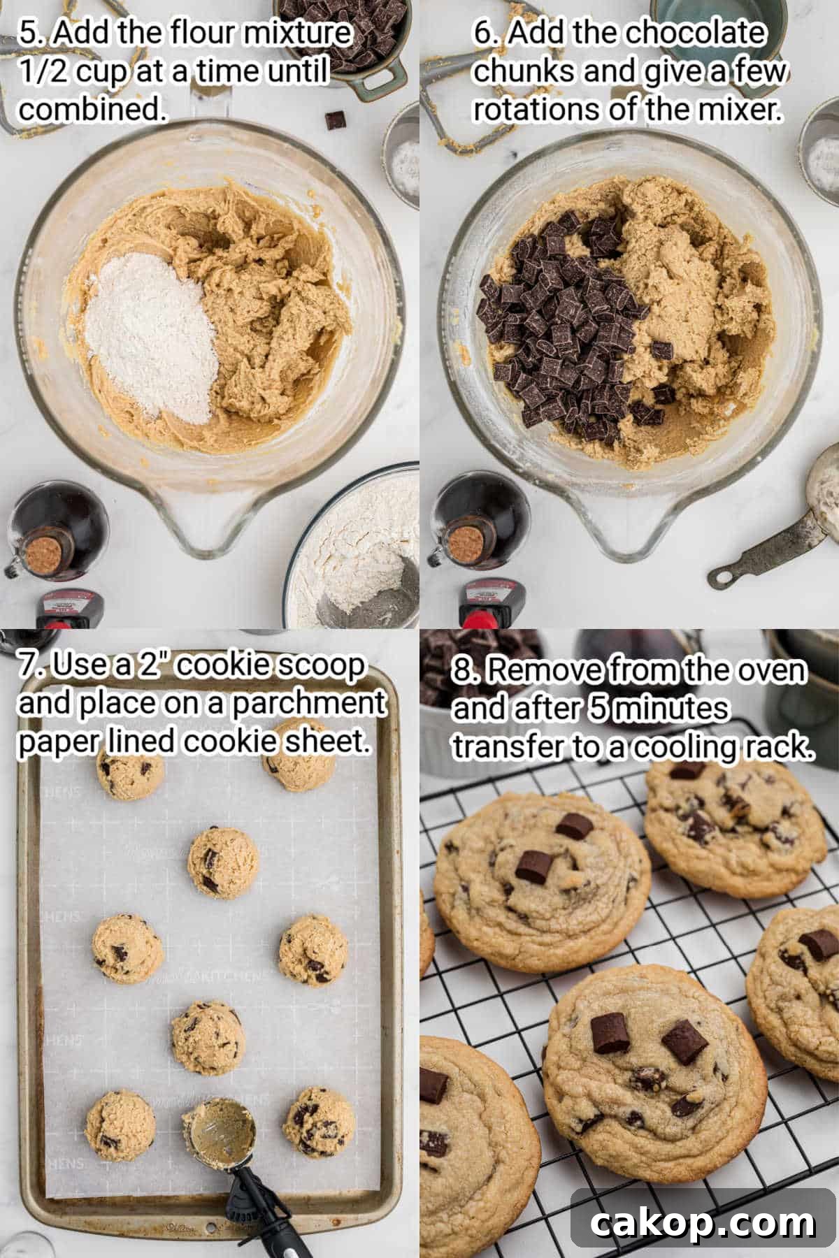 4 step by step images showing how to make thick chocolate chip cookies