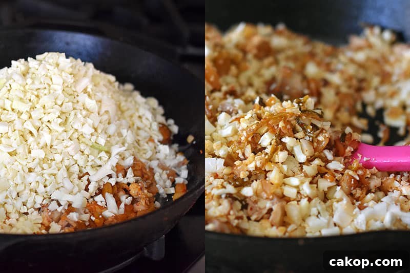 Kimchi Cauliflower Fried Rice — Whole30 & Gluten-Free Recipe 7 Cauliflower rice added into the pan with fried kimchi, chicken, and onions.