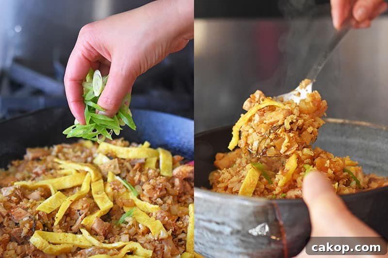Kimchi Cauliflower Fried Rice — Whole30 & Gluten-Free Recipe 8 Someone adding sliced green onions to a pan.