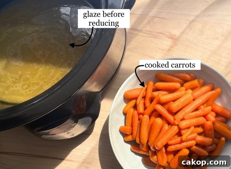 A slow cooker with glaze before reducing and a bowl of cooked carrots on a wooden surface, with annotations indicating ingredients.