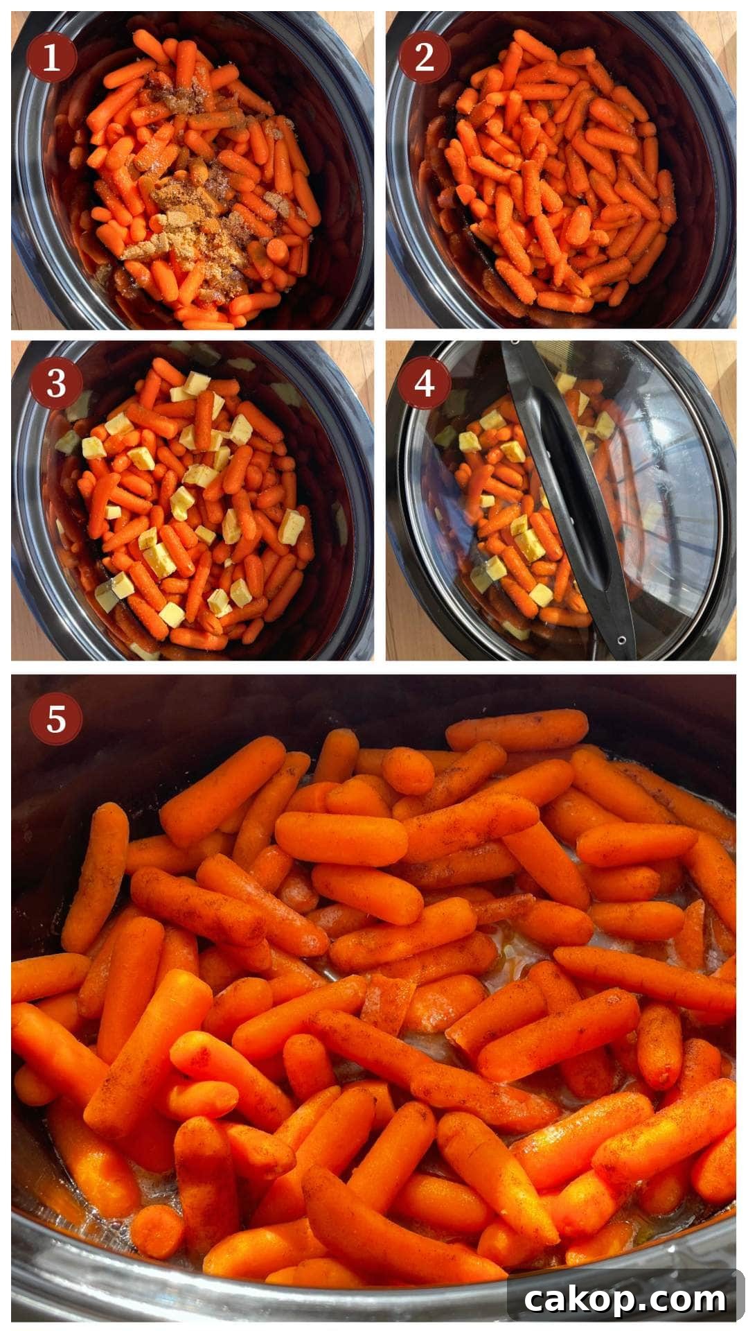 Step-by-step images showing the preparation of glazed carrots in a slow cooker: 1) carrots with spices, 2) mixed carrots with spices, 3) carrots with added butter, 4) slow cooker covered with lid, 5) cooked glazed carrots ready to serve.