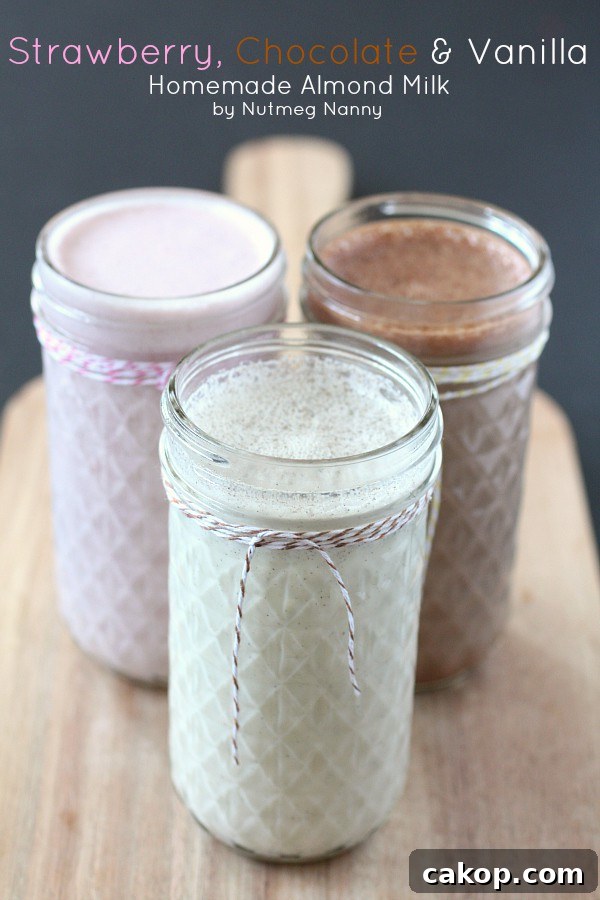 Homemade Almond Milk by Nutmeg Nanny This homemade almond milk recipe includes variations for vanilla bean, chocolate and strawberry. Fresh, delicious and ready in no time! Plus it's a great use for your high powered blender!