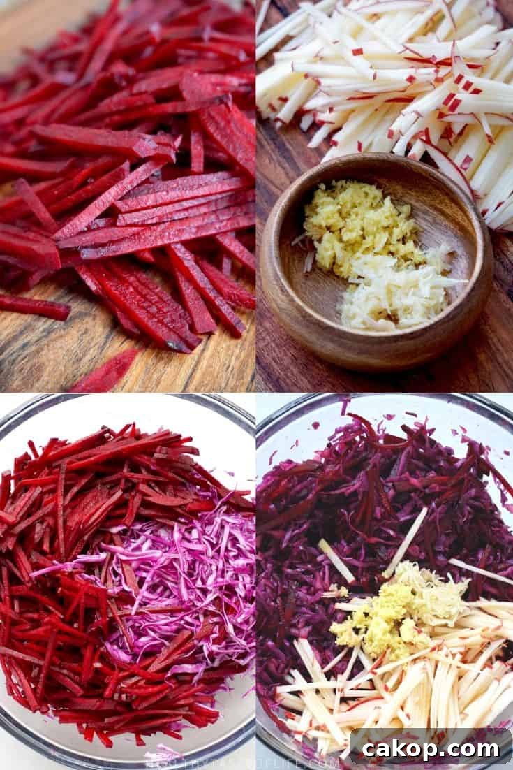 Julienned beetroot, apple, shredded cabbage, minced ginger and garlic.