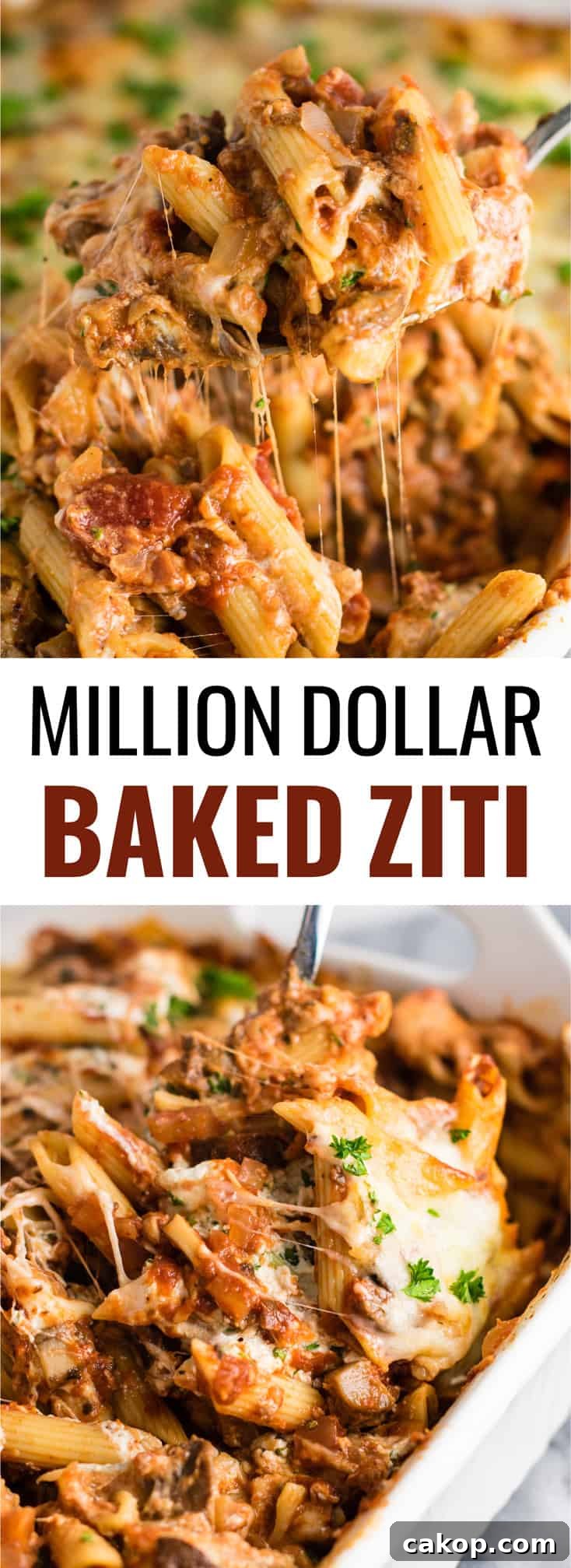 This Meatless Million Dollar Baked Ziti Recipe is an easy and impressive vegetarian dinner. Full of meaty mushrooms, fresh herbs, and four types of cheese!