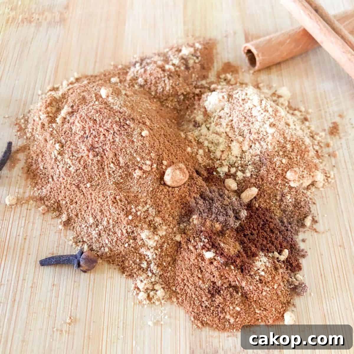 Spices for homemade pumpkin pie spice recipe on a wooden cutting board with cinnamon sticks and whole cloves.