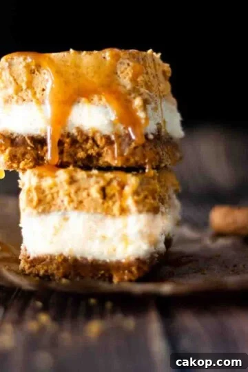 Pumpkin cheesecake bars with caramel sauce drizzling down.