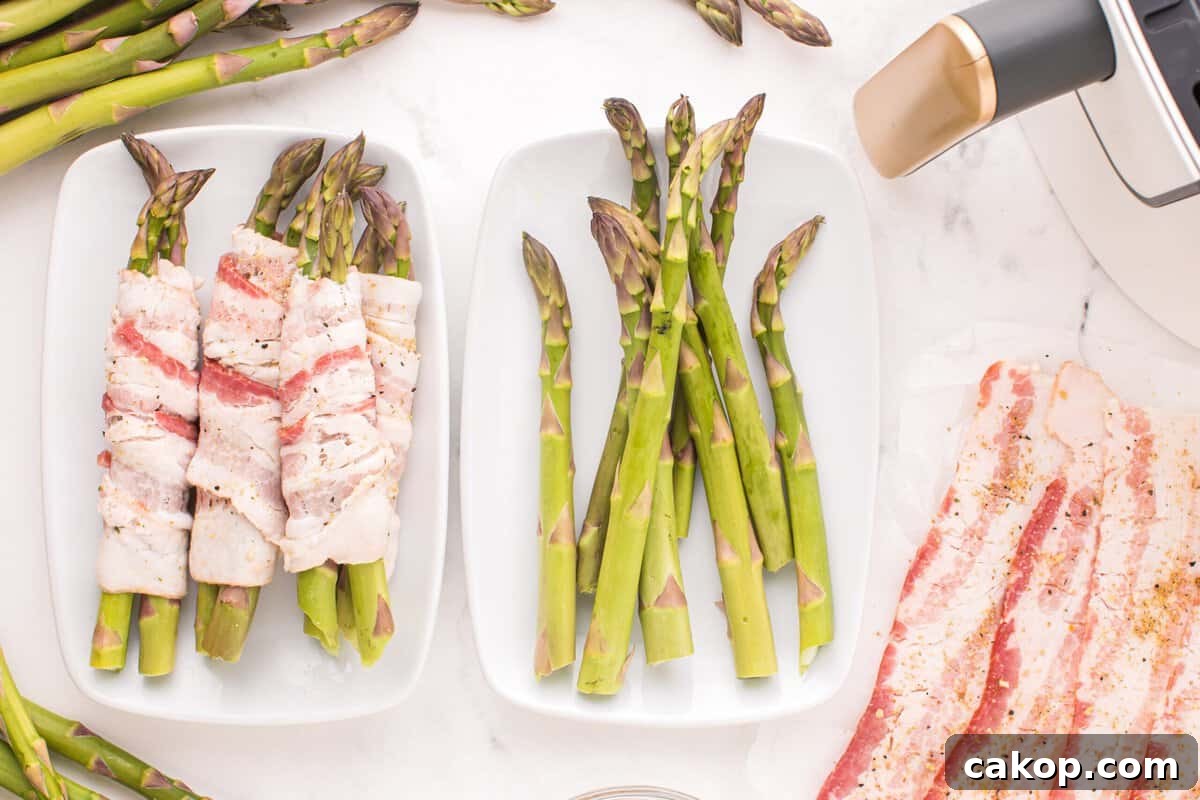 A plate of bacon wrapped asparagus, a plate of asparagus, and a plate of bacon. 