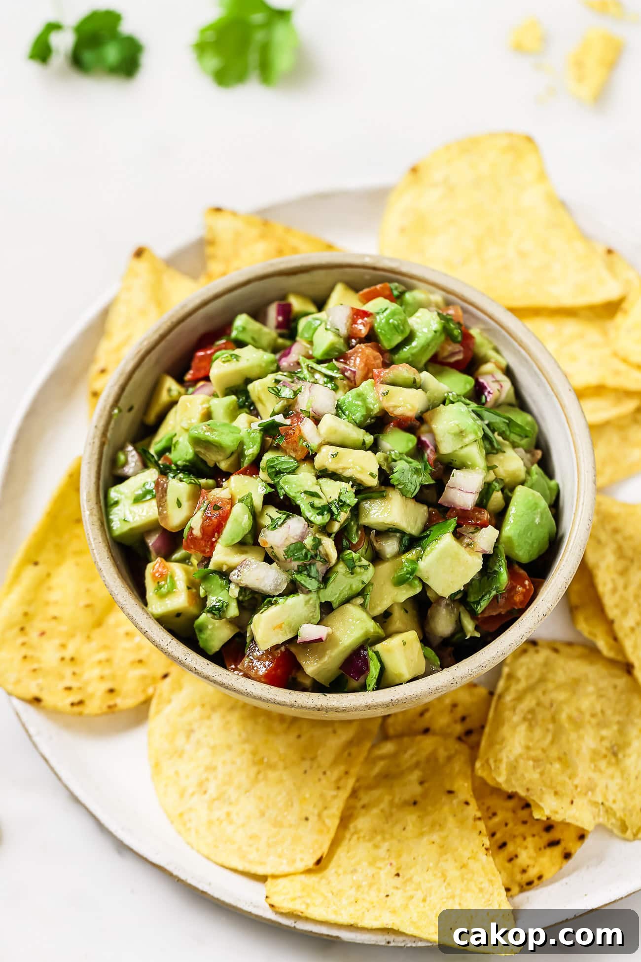 A bowl of avocado salsa with tortilla chips.