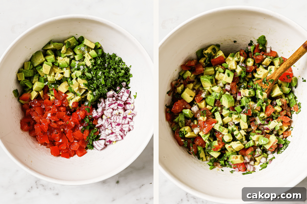 Left: avocado salsa ingredients in a bowl. Right: ingredients mixed together.