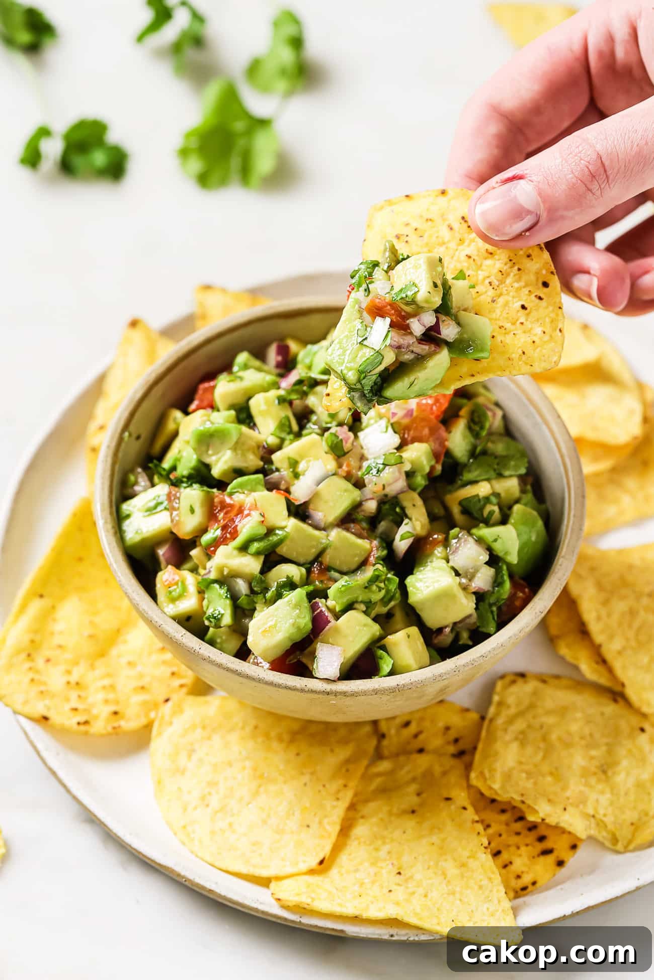 A bowl of avocado salsa on a plate of tortilla chips.