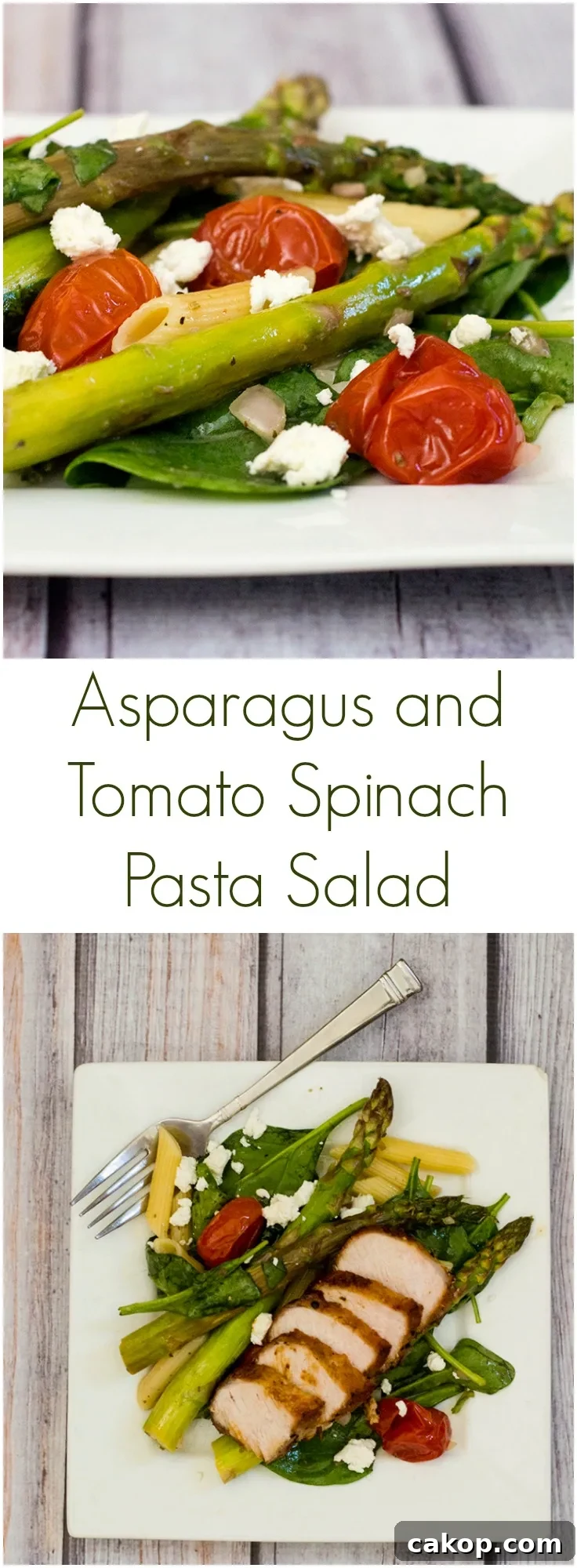 This versatile pasta salad combines roasted asparagus and tomatoes with penne and spinach, dressed in a low-calorie lemon vinaigrette. #CLBlogger TheRedheadBaker.com