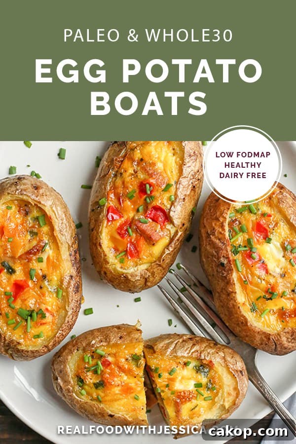These Paleo Whole30 Egg Potato Boats are a fun and filling breakfast. Packed with sausage, peppers, green onions and of course eggs. They are gluten free, dairy free, and low FODMAP.