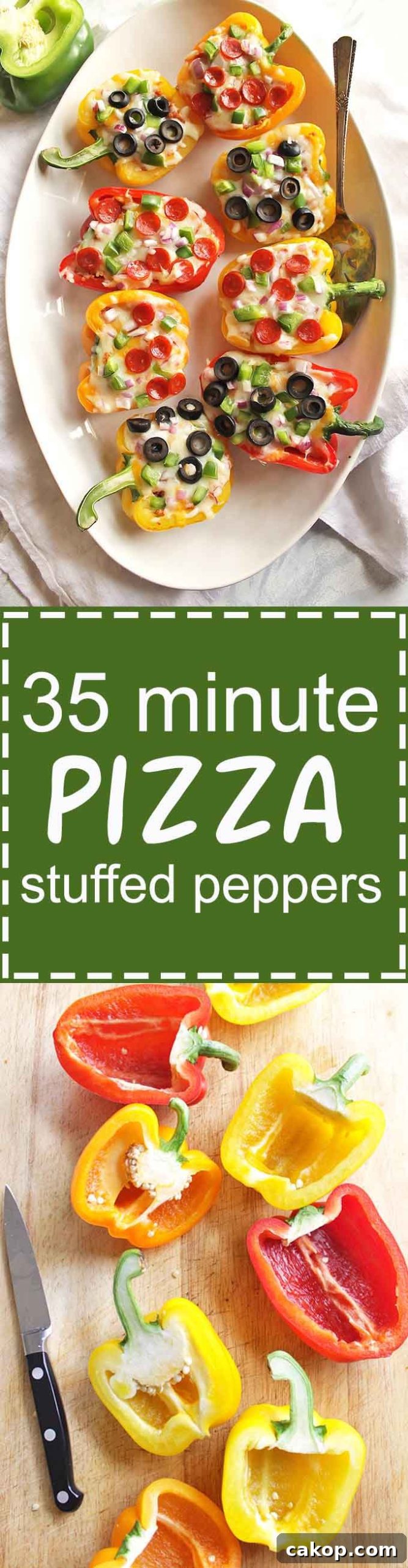 35 Minute Pizza Stuffed Peppers - Healthy stuffed pizza peppers that come together in 35 minutes. You can use any of your favorite pizza toppings you prefer. This recipe is a fun way to get your "pizza" fix! Husband approved! Gluten free | robustrecipes.com