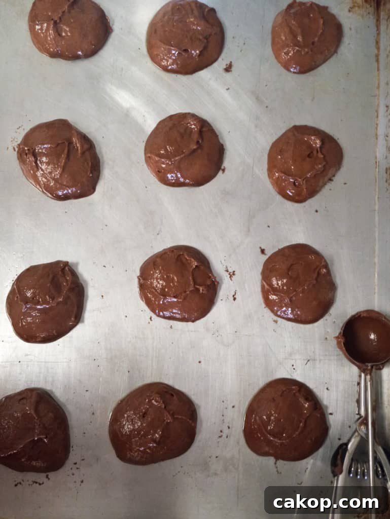 Amish Chocolate Whoopie Pies Recipe — Classic Soft Sandwich Cakes 3 chocolate cookies on a tray ready to bake.