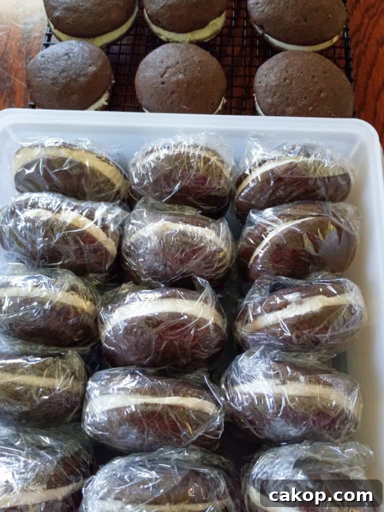 Amish Chocolate Whoopie Pies Recipe — Classic Soft Sandwich Cakes 8 individually wrapped whoopie pies in a container, and more to be wrapped.