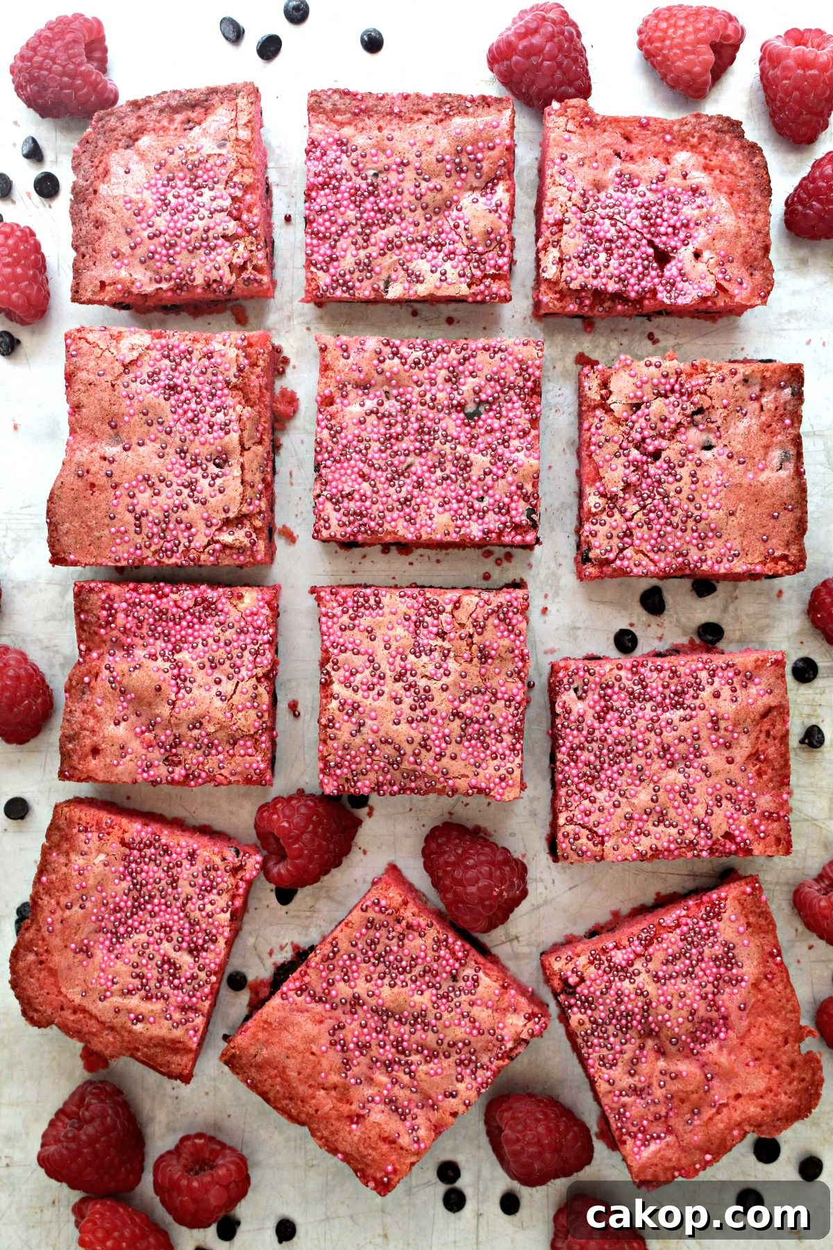 Raspberry Chocolate Chip Bars are chewy, fruity, and chocolaty for a trifecta of deliciousness! These sturdy bars do not need refrigeration, making them an ideal choice for picnics or care packages. Raspberry Chocolate Chip Bars cut into squares on background sprinkled with chocolate chips and raspberries.