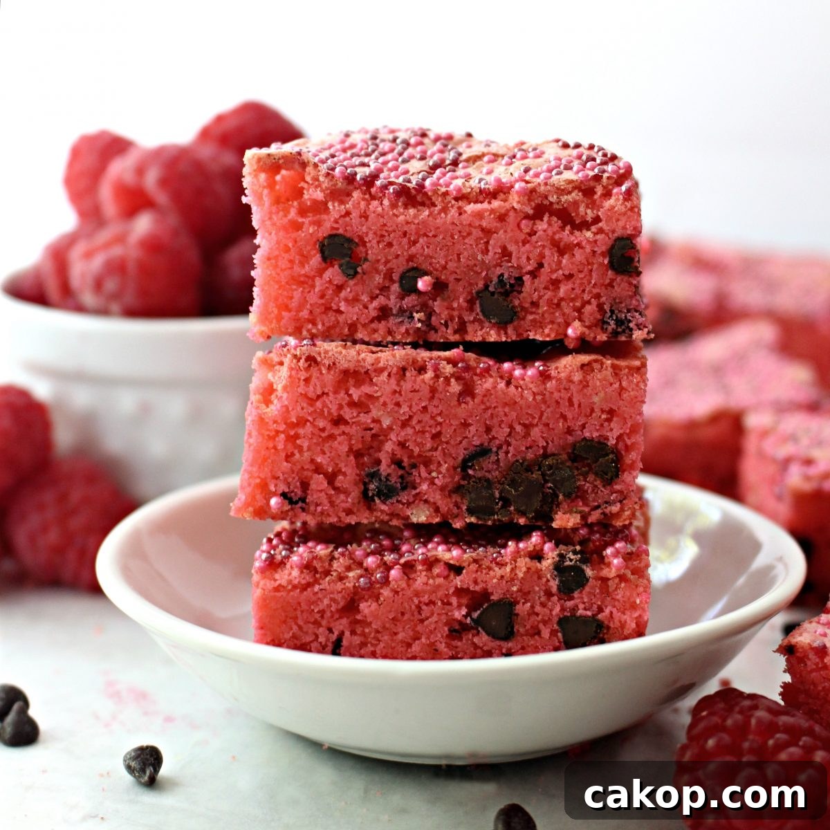Stack of Raspberry Chocolate Chip Bars. Stack of bars in a white bowl.
