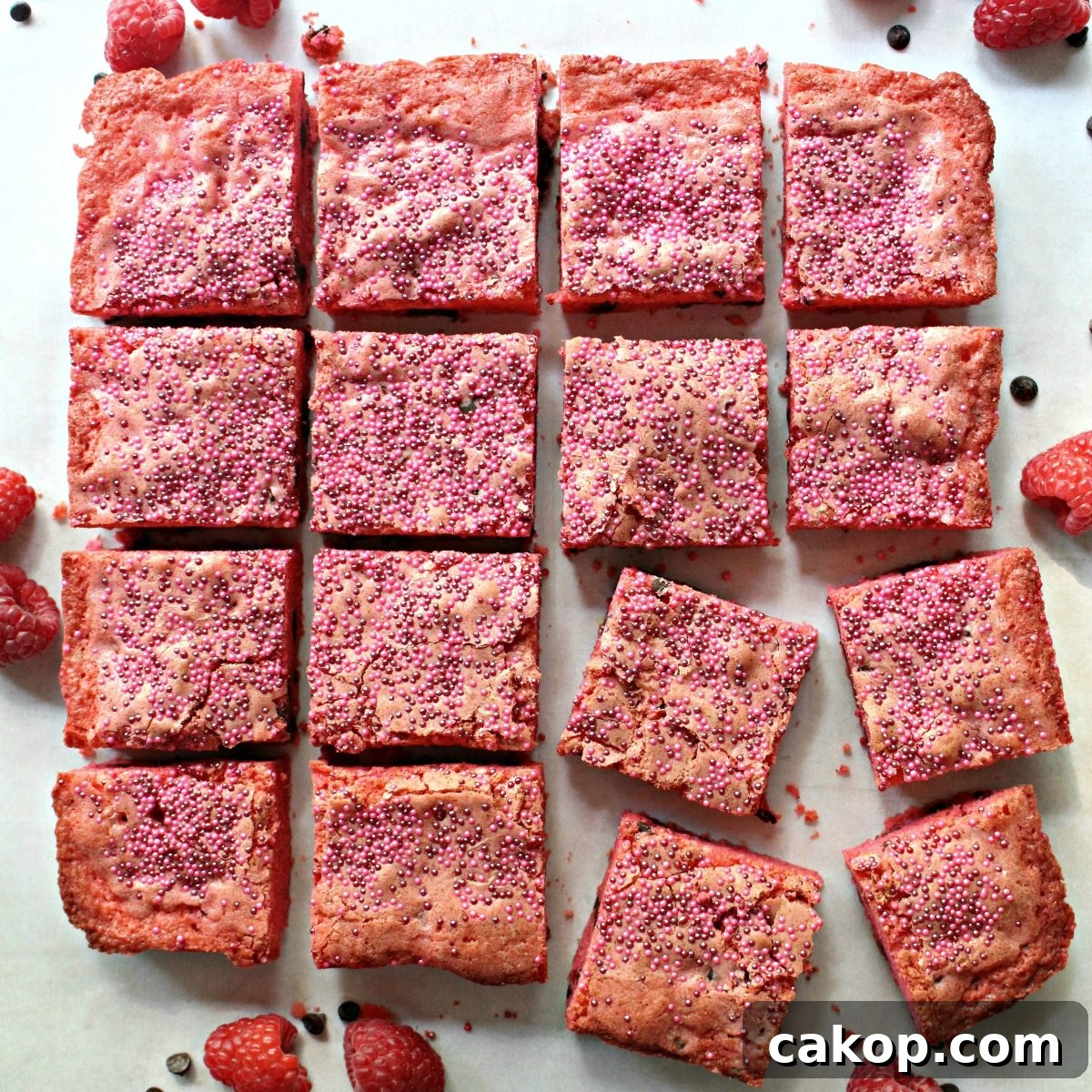 Raspberry Chocolate Chip Bars cut into squares. Bars cut into squares.