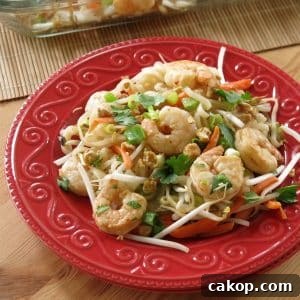 Easy shrimp pad thai recipe on a plate