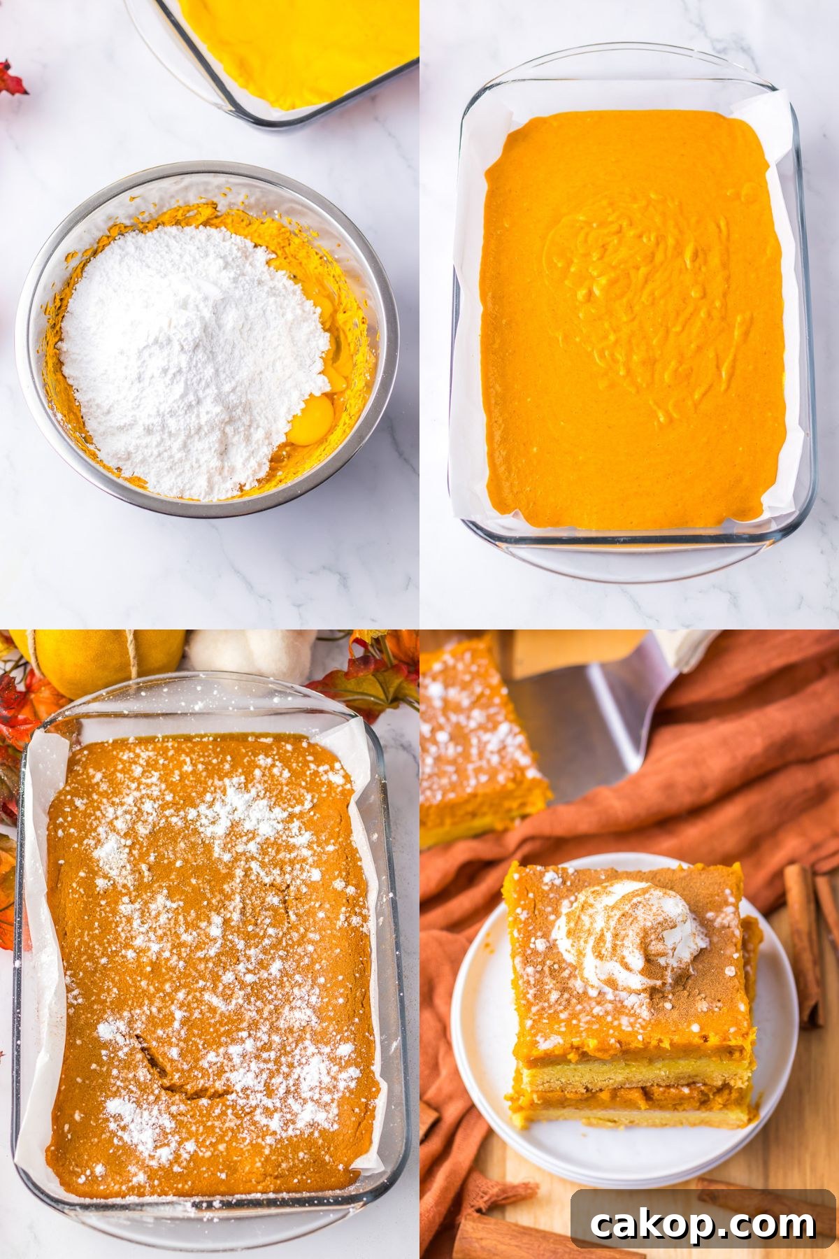 Pumpkin Gooey Butter Cake Recipe — Decadent Autumn Dessert 8 Step-by-step pictures of how to make pumpkin gooey butter cake with finished cake