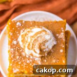Pumpkin Gooey Butter Cake Recipe — Decadent Autumn Dessert 9 Overhead image of ooey gooey butter cake on a white plate.
