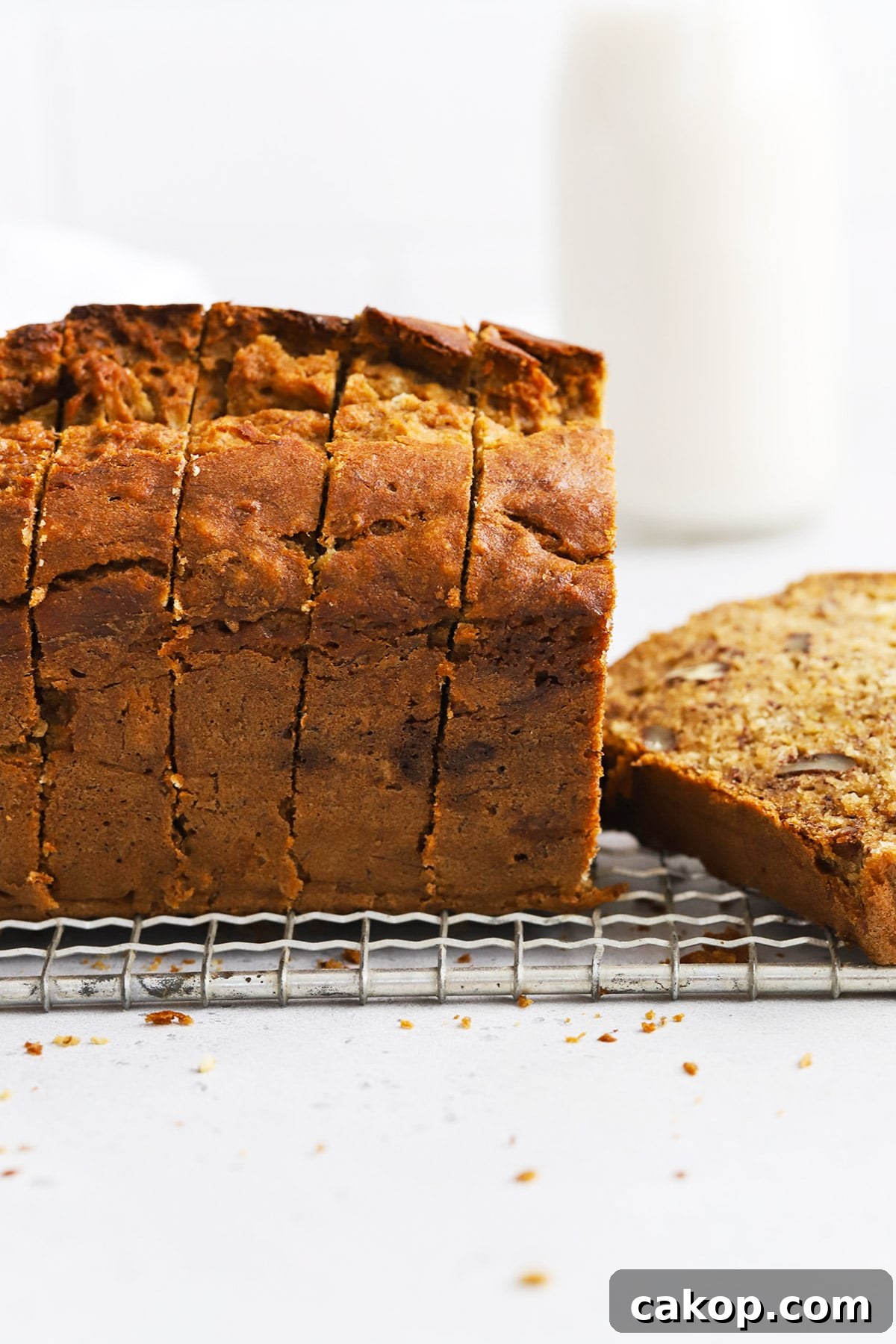 Brown Butter Banana Bread (Gluten-Free Recipe) 6 Side view of gluten-free brown butter banana bread cut into slices