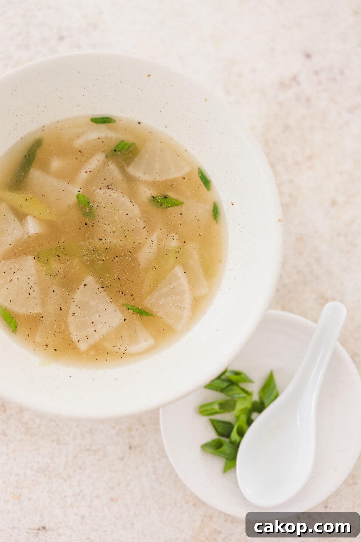 a close up of a bowl of soup next to a plate of sliced green onions