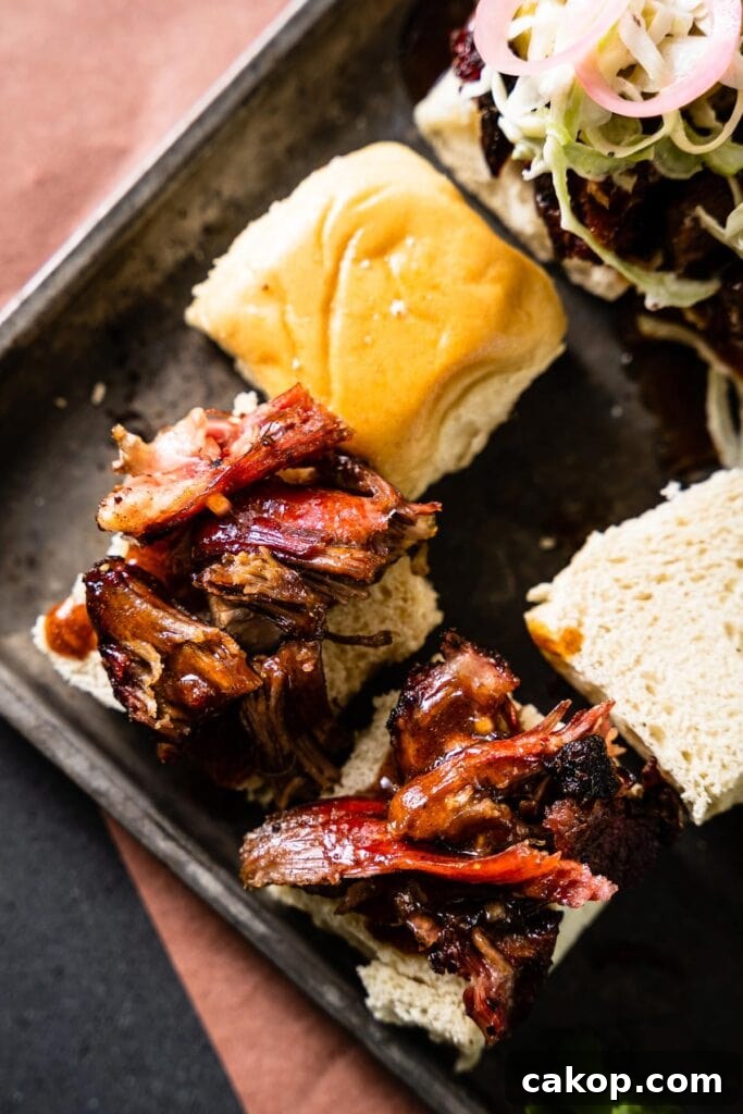 Barbecue Vinaigrette Recipe for Grilled Meats and Salads 2 smoked pulled lamb shoulder sliders overhead