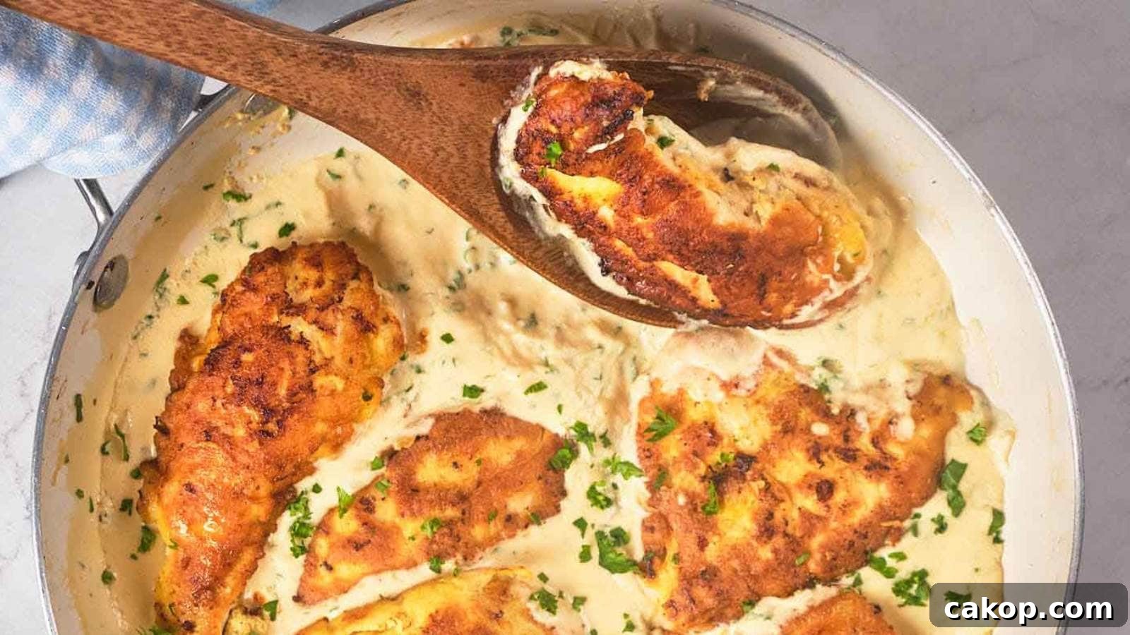 A skillet filled with chicken francese garnished with chopped herbs, being stirred with a wooden spoon.