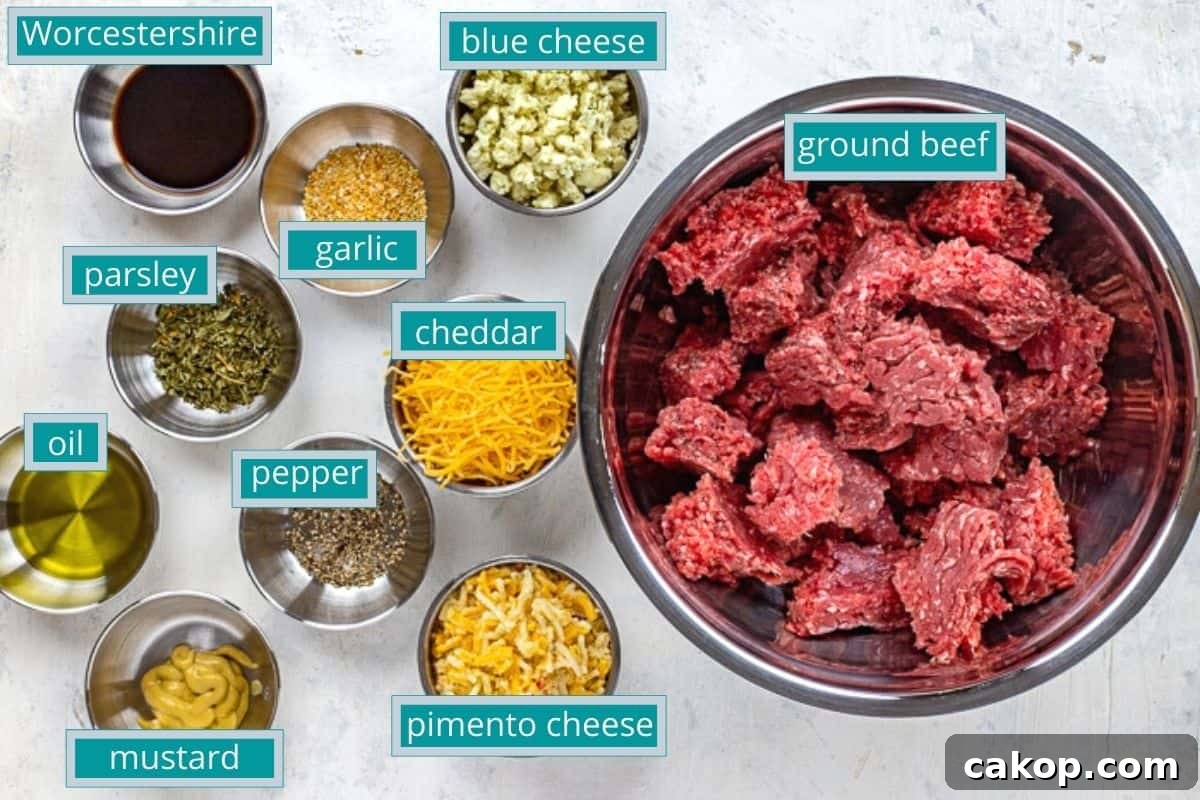 Stuffed Cheeseburgers Recipe: Juicy Bacon-Cheddar Burgers 3 stuffed hamburger ingredients measured out individually on counter