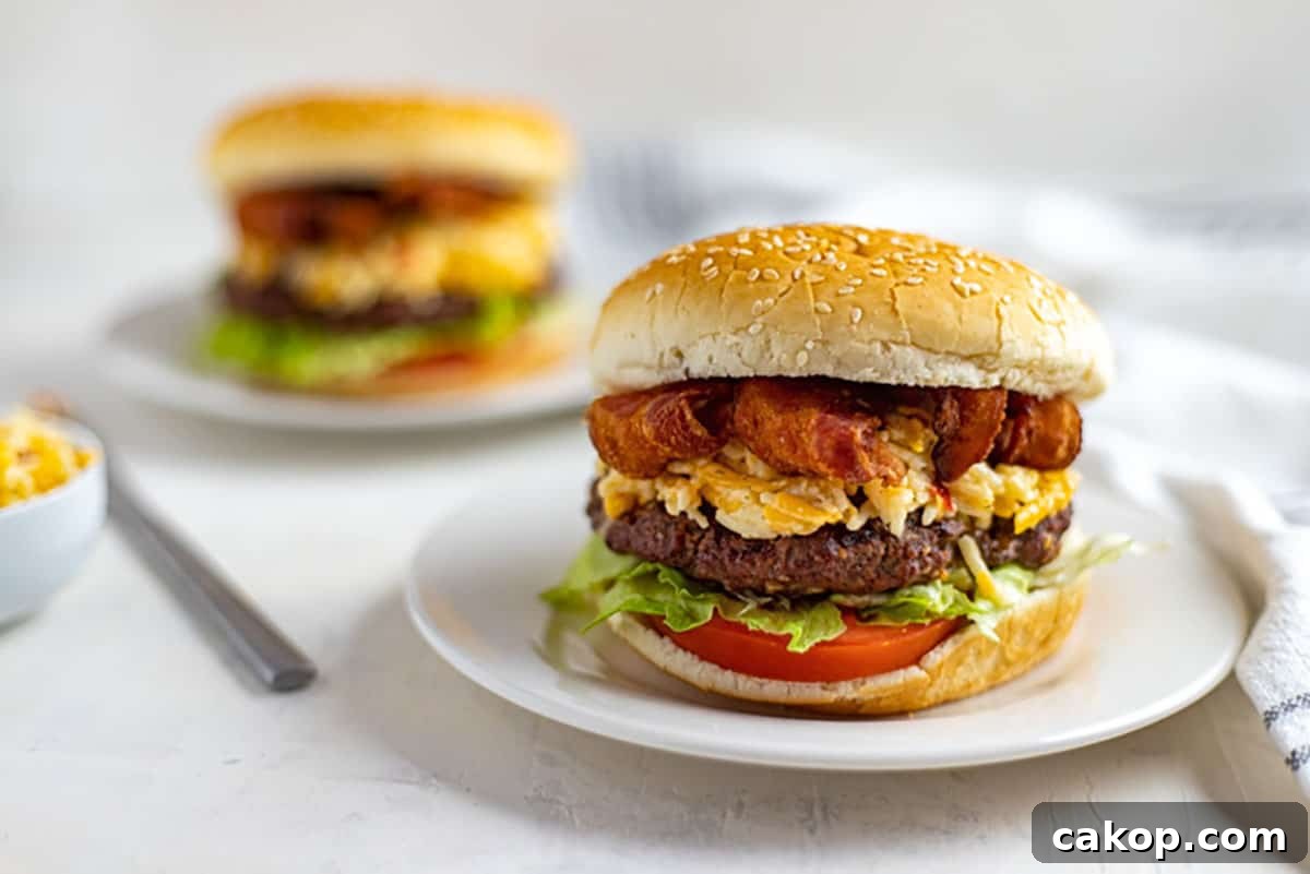 Stuffed Cheeseburgers Recipe: Juicy Bacon-Cheddar Burgers 5 cheesy stuffed burger topped with bacon and pimento cheese and lettuce and tomato on white plate