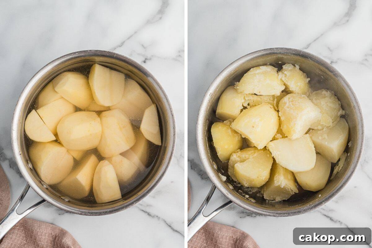 Classic Old-Fashioned Mashed Potatoes Recipe for Creamy Comfort 5 Peeled quartered russet potatoes in a pot before and after boiling.