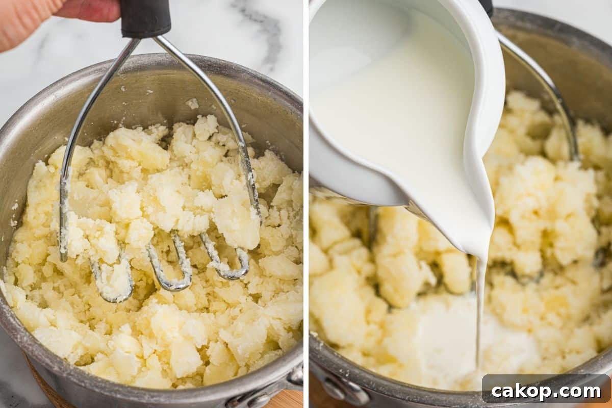 Classic Old-Fashioned Mashed Potatoes Recipe for Creamy Comfort 6 Split image showing mashed potatoes in a pot; on the left, a hand mashes cooked potatoes with a metal masher, and on the right, milk is being poured from a white pitcher into the mashed potatoes.
