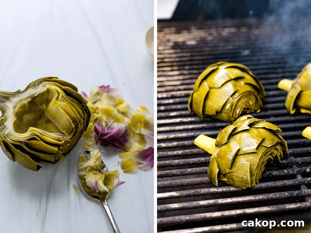 Removing the choke from the artichoke and grilling and smoking the artichokes.