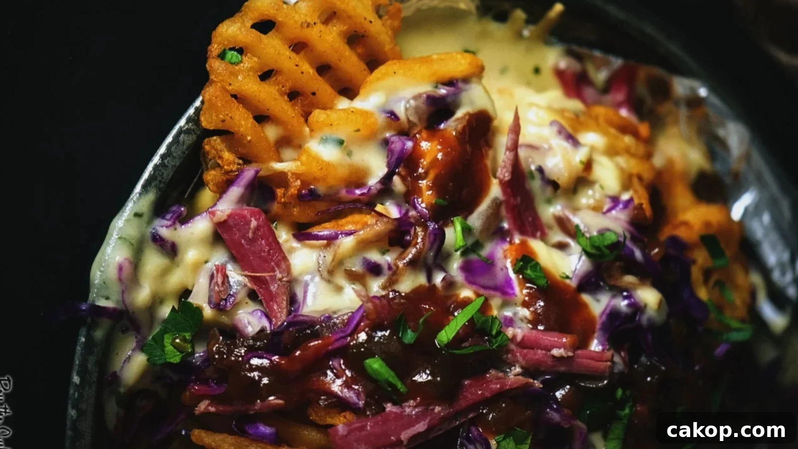 Waffle fries topped with melted cheese, shredded purple cabbage, chopped herbs, sliced meat, and a drizzle of dark sauce.