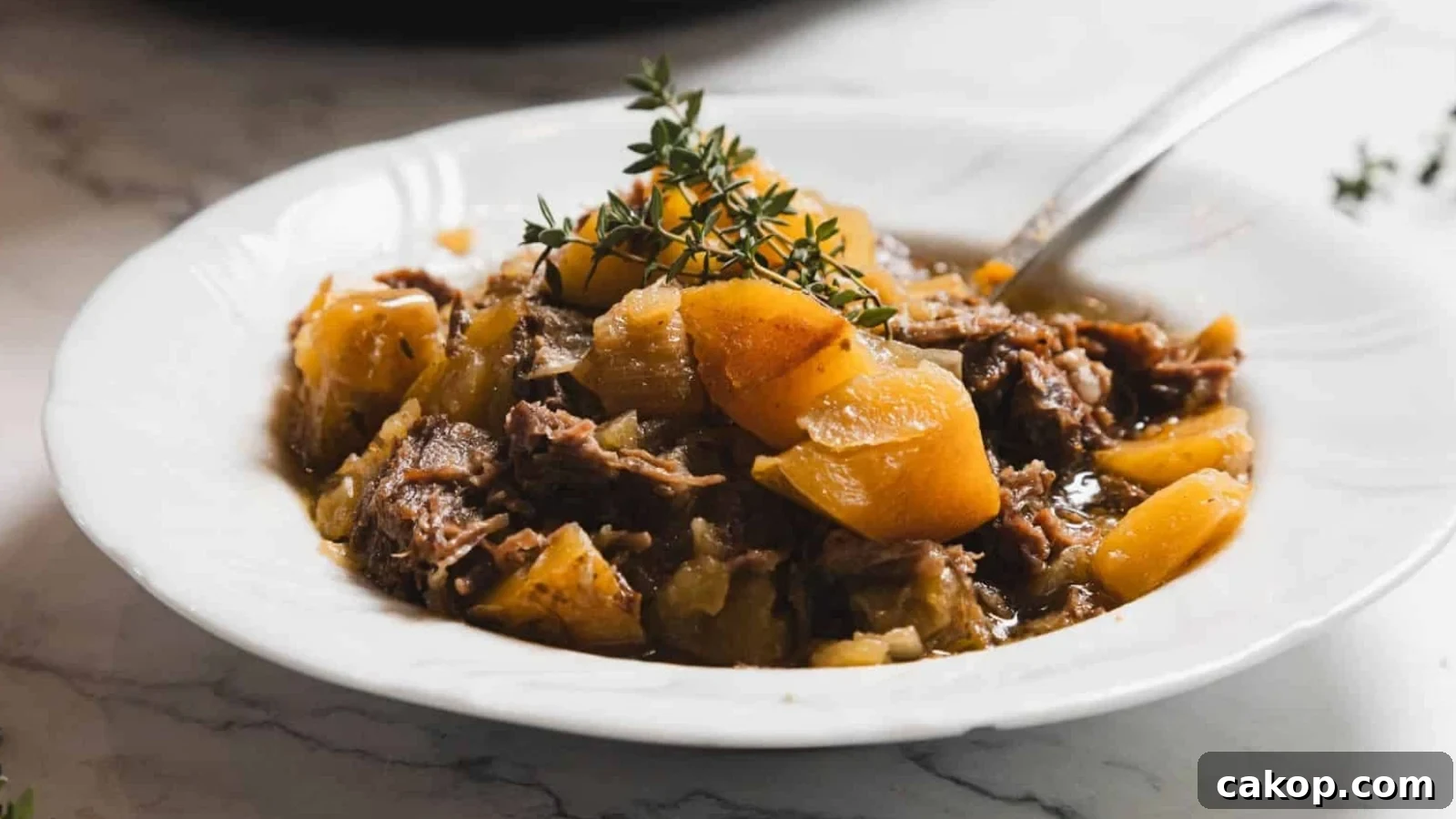 A white plate containing a stew made of tender shredded meat and chunks of potatoes, garnished with sprigs of fresh thyme. A spoon rests on the side of the dish, placed on a marble surface.